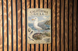 a vintage-style poster of a seagull, with a coastal landscape in the background, mounted on a wooden wall.