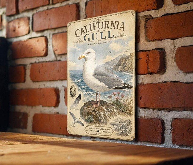 a vintage-style metal sign with a seagull illustration, mounted on a brick wall.