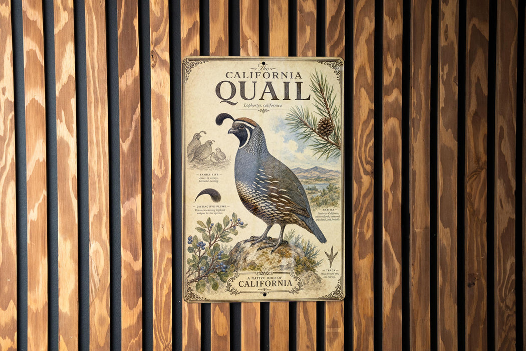 A vintage-style metal sign with illustrations and text, mounted on a wooden wall.