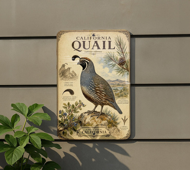 a vintage-style metal sign with illustrations and text, mounted on a wall next to a plant.