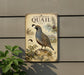 a vintage-style metal sign with illustrations and text, mounted on a wall next to a plant.