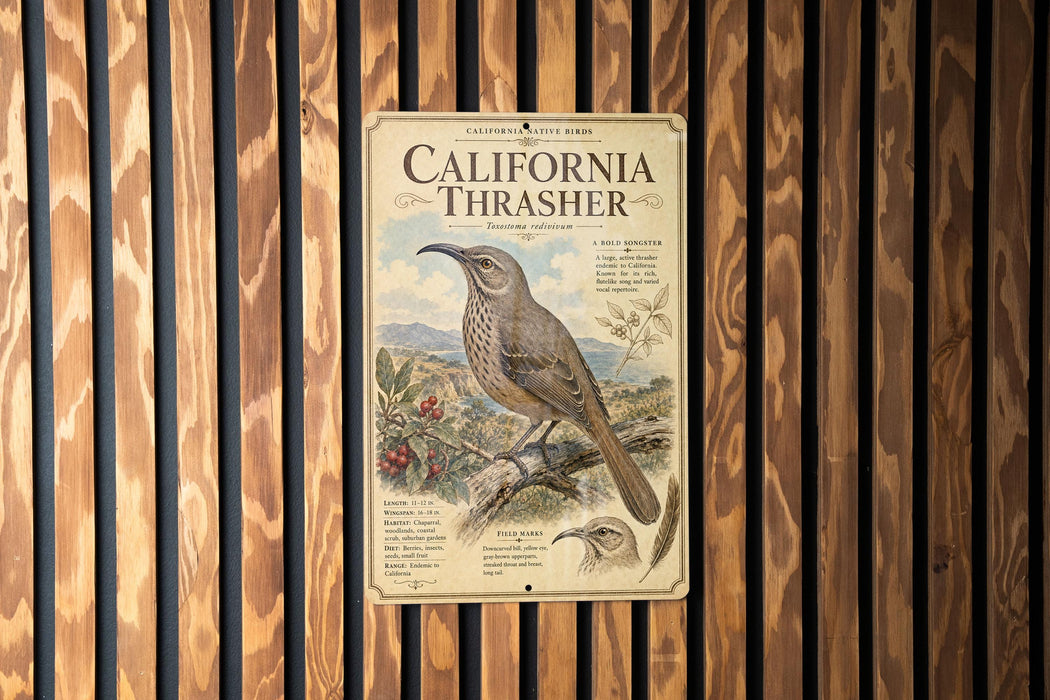 a vintage-style metal sign with illustrations and text, mounted on a wooden wall.