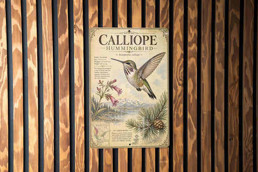 A vintage-style poster of a Calliope hummingbird is displayed on a wooden wall.