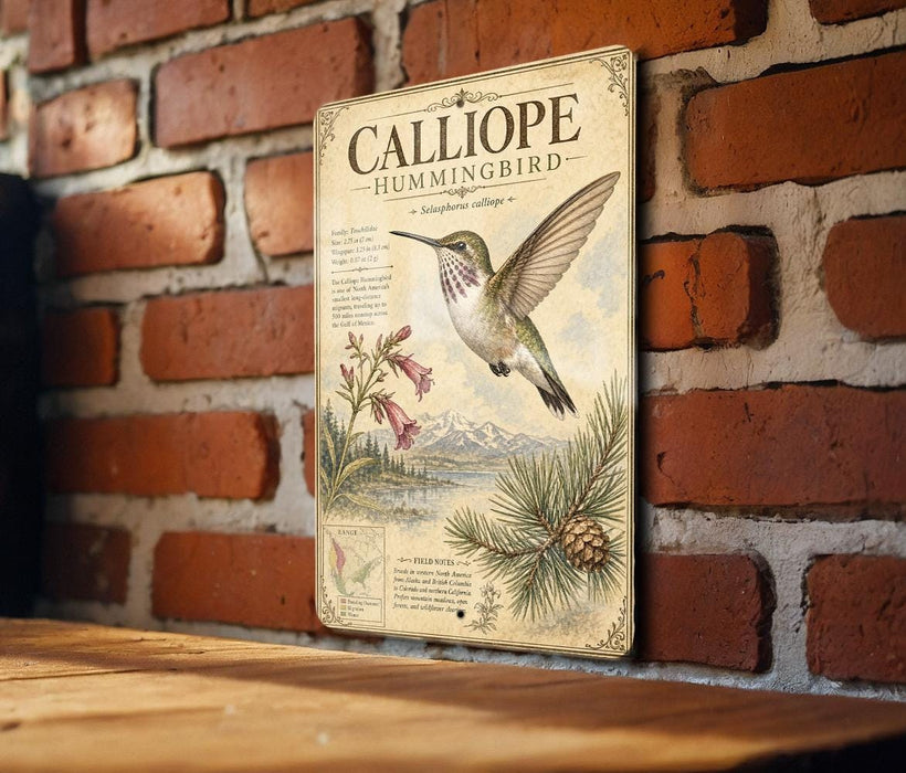 A vintage-style metal sign with a detailed illustration of a hummingbird, mounted on a brick wall.
