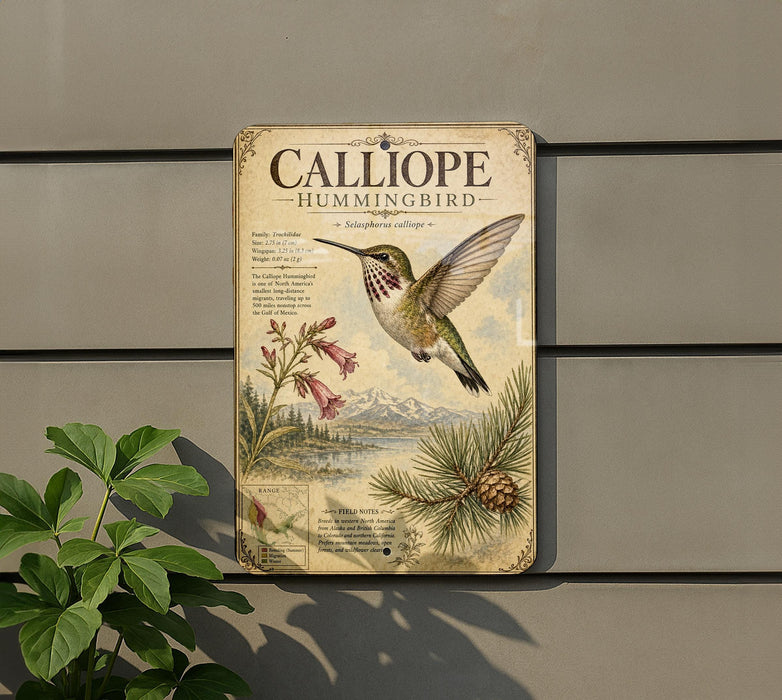 a vintage-style informational sign about the Calliope Hummingbird, mounted on a wall next to a plant.