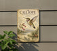 a vintage-style informational sign about the Calliope Hummingbird, mounted on a wall next to a plant.