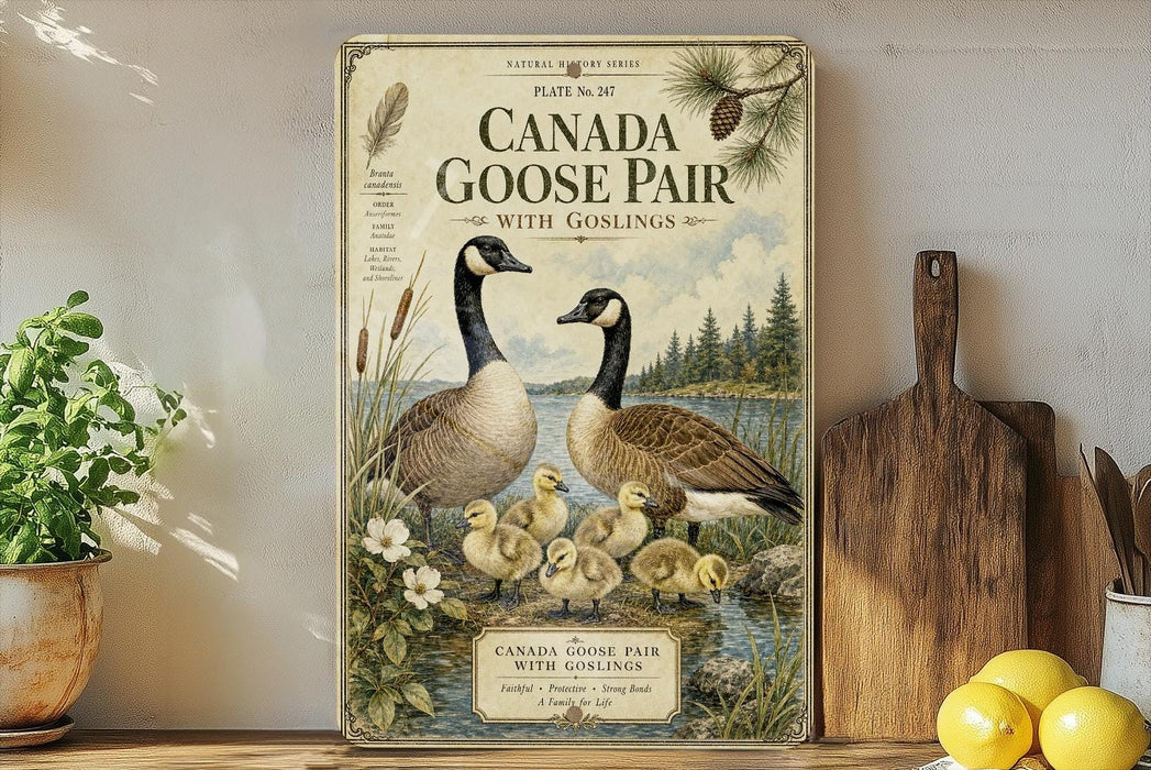 A vintage-style advertisement for a Canadian goose pair, featuring illustrations of two adult geese and their young ducklings in a natural setting.