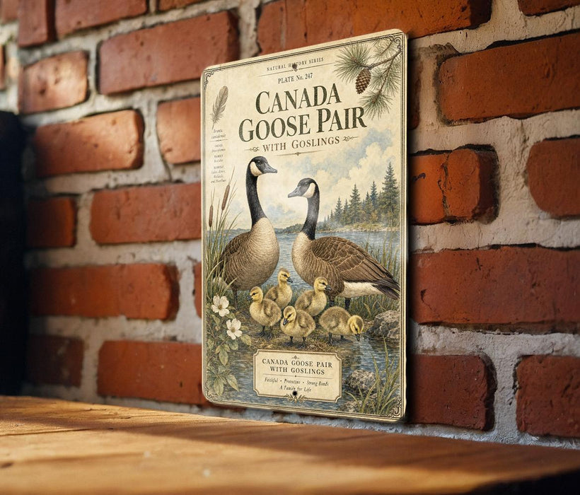 A vintage-style metal sign featuring illustrations of Canadian geese and their offspring, mounted on a brick wall.