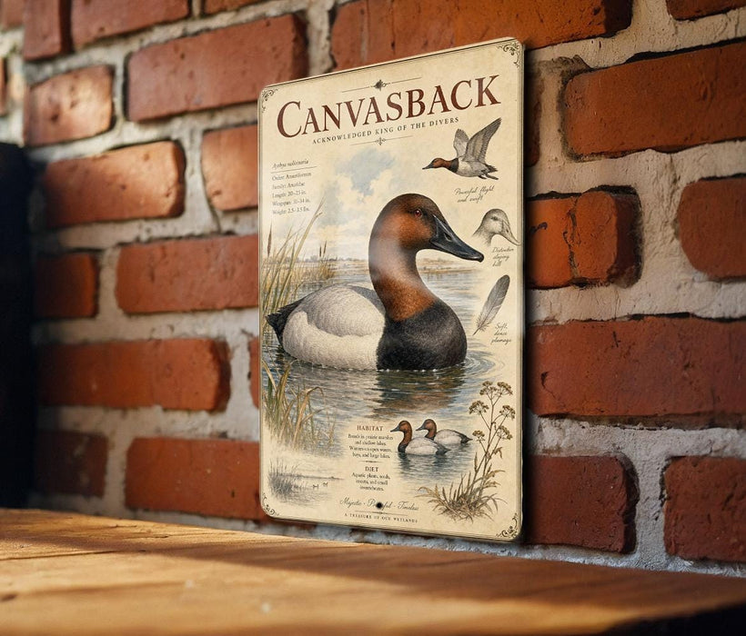 a vintage-style metal sign with a detailed illustration of a canvasback duck, mounted on a brick wall.