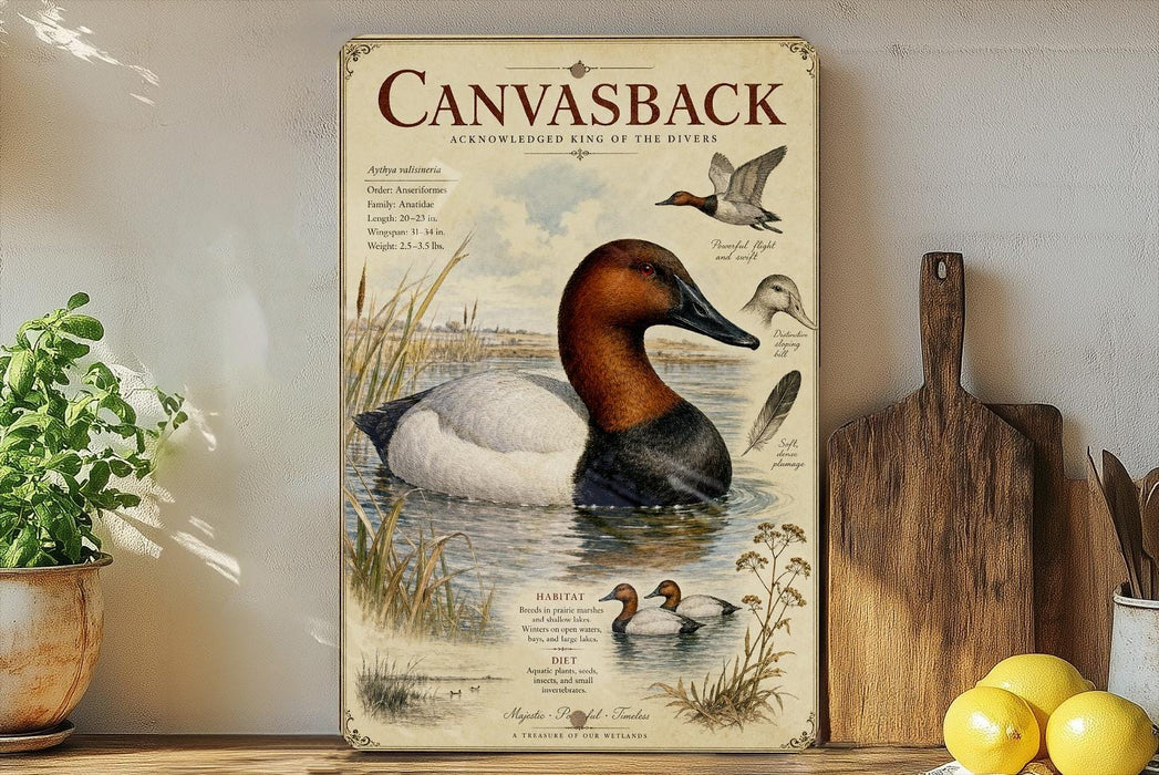 a vintage-style metal sign with a painting of a duck swimming in a pond, surrounded by various bird illustrations. The sign is titled "Canvasback" and includes text and illustrations related to the bird.