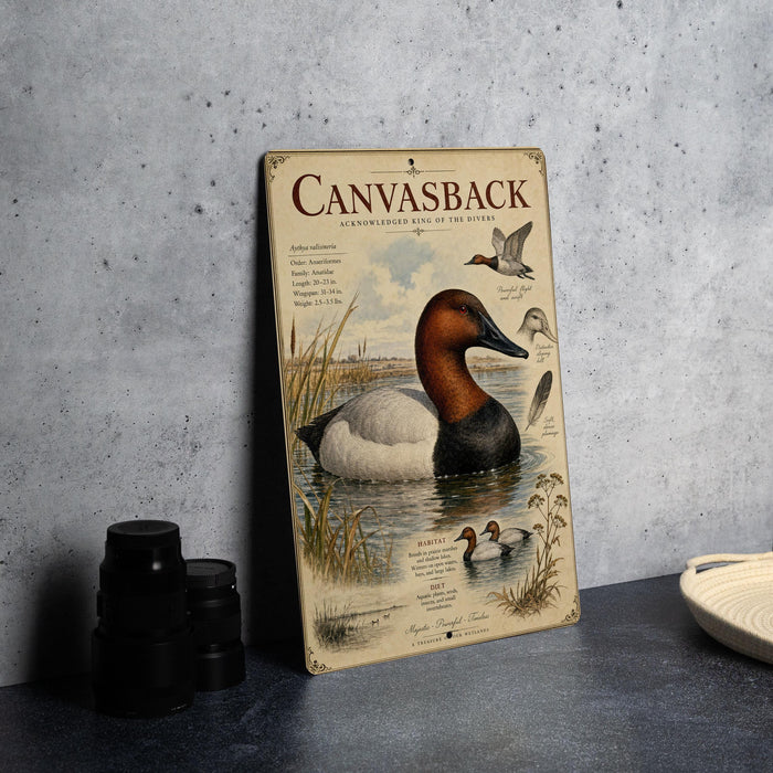 a vintage-style metal sign with a painting of ducks and a bird, placed on a countertop next to some camera equipment.
