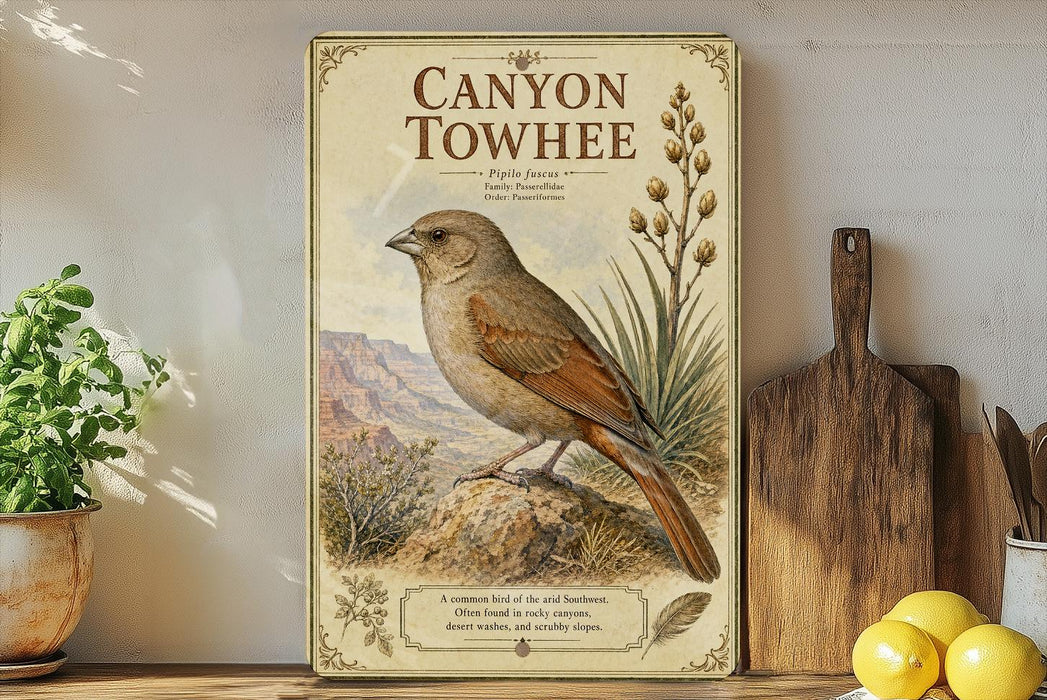 a vintage-style poster of a bird, specifically a Towhee, perched on a rock in a desert setting. The poster is displayed on a shelf next to a wooden cutting board and a potted plant.
