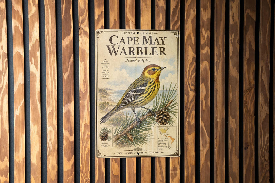 a vintage-style poster of a bird, specifically the Cape May Warbler, displayed on a wooden wall.