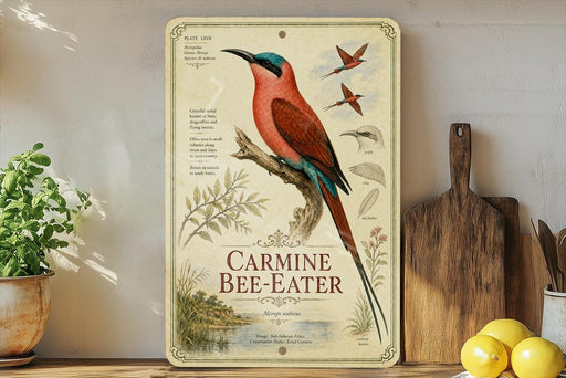 A vintage-style metal sign featuring a colorful illustration of a bird, specifically a carmine bee-eater, perched on a branch. The sign is surrounded by various kitchen utensils and decor items, such as a wooden cutting board, a potted plant, and a bowl of fruit.