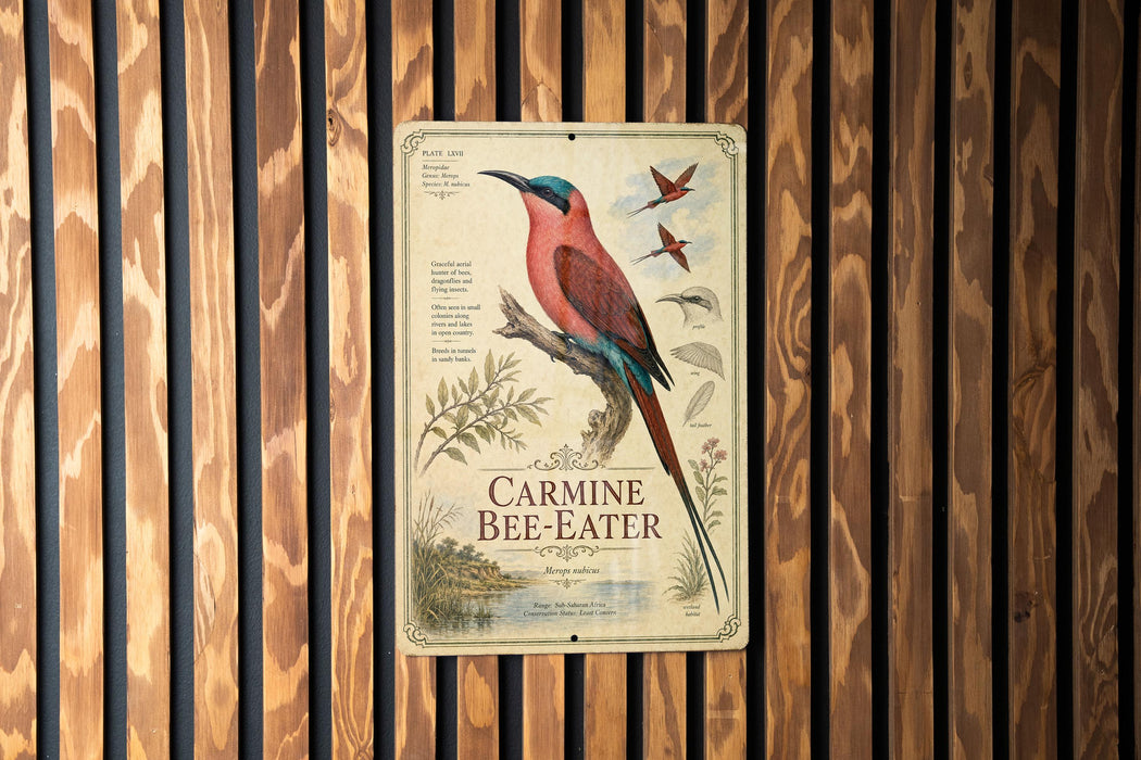 a poster with a bird illustration and text, hanging on a wooden wall.