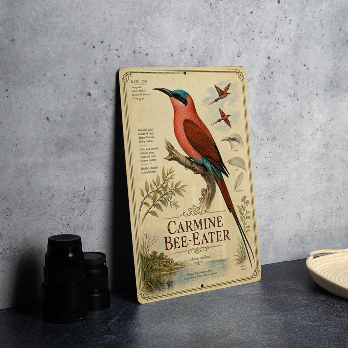 a vintage-style metal sign with a colorful illustration of a bird, specifically a carmine bee-eater, perched on a branch. The sign is placed on a gray countertop, with a stack of black camera lenses and a white dish visible to the side.