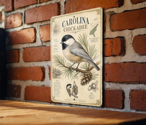a vintage-style metal sign with illustrations and text about the Carolina Chickadee, a small bird species.