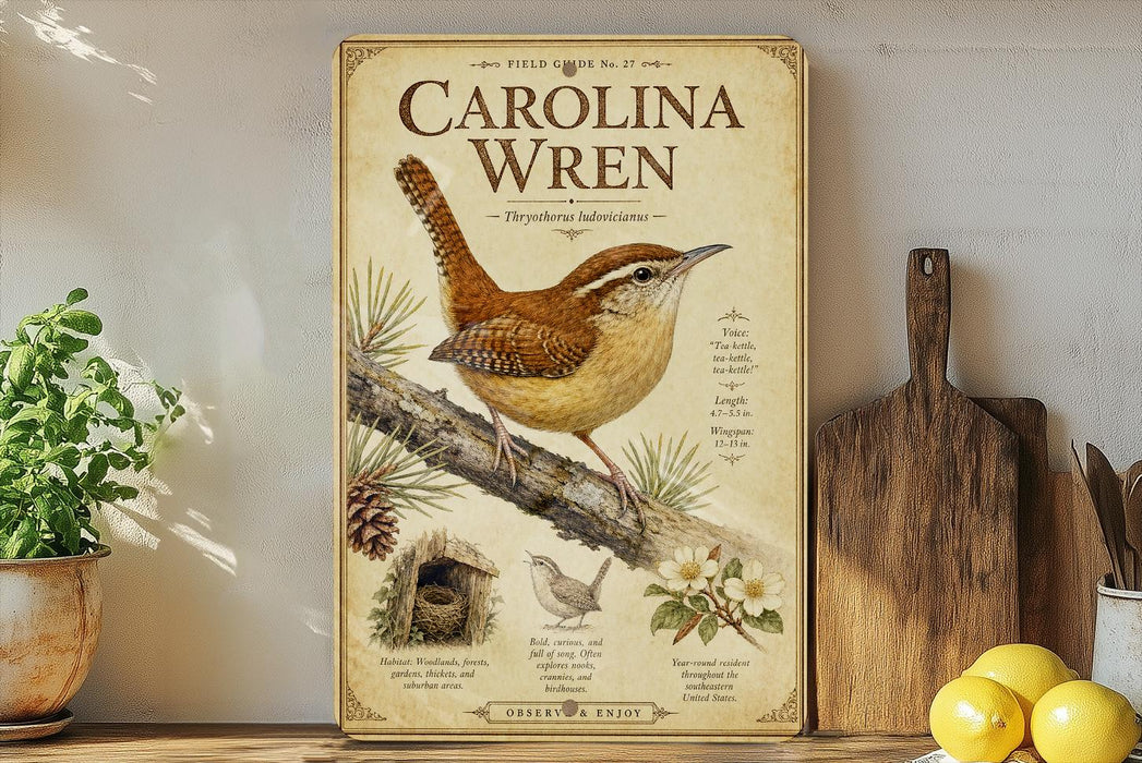 a poster of Carolina Wren, a bird, displayed on a shelf next to a wooden cutting board and some potted plants.
