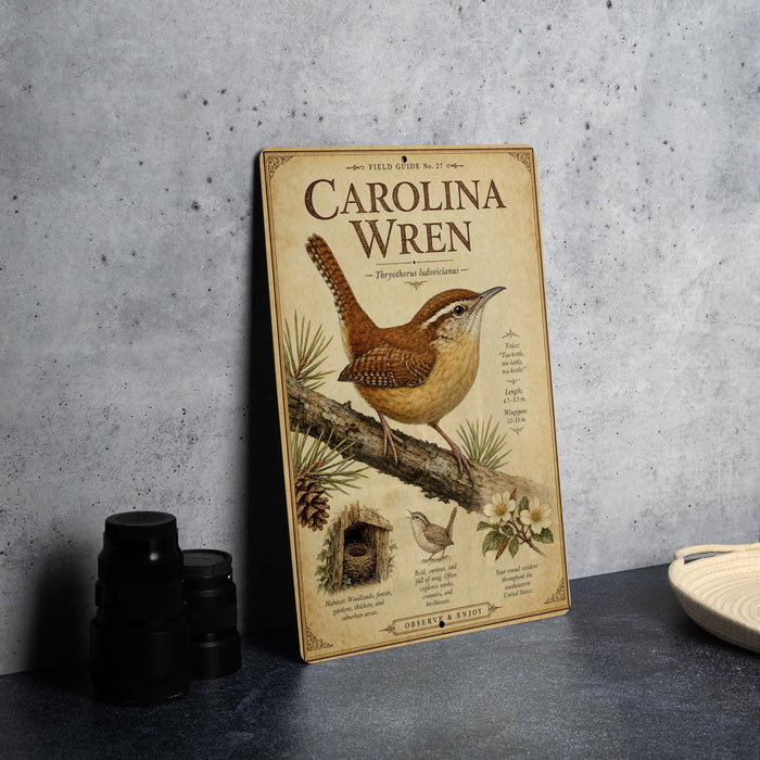 a wooden poster or book titled "Carolina Wren" with illustrations of the bird and its natural habitat, such as pine trees and flowers.