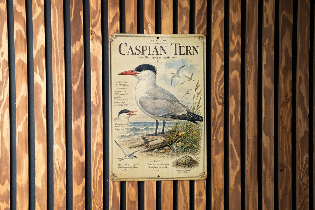 A vintage metal plaque with illustrations and text about the Caspian Tern, a large seabird, is mounted on a wooden wall.
