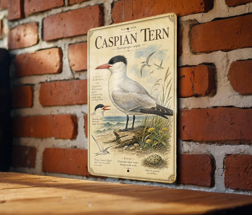 a vintage-style metal sign with illustrations and text, mounted on a brick wall.
