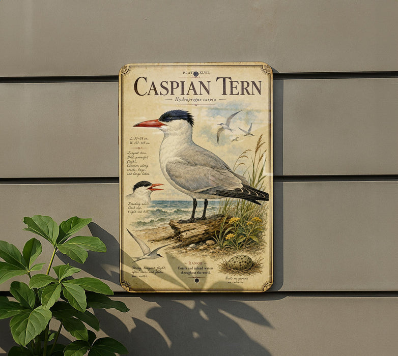 a vintage-style metal plaque depicting a Caspian Tern, a large seabird, with a detailed illustration of the bird and its natural habitat.