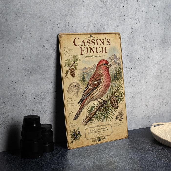a vintage-style metal plaque with an illustration of a red bird perched on a branch, surrounded by pine cones and other natural elements.