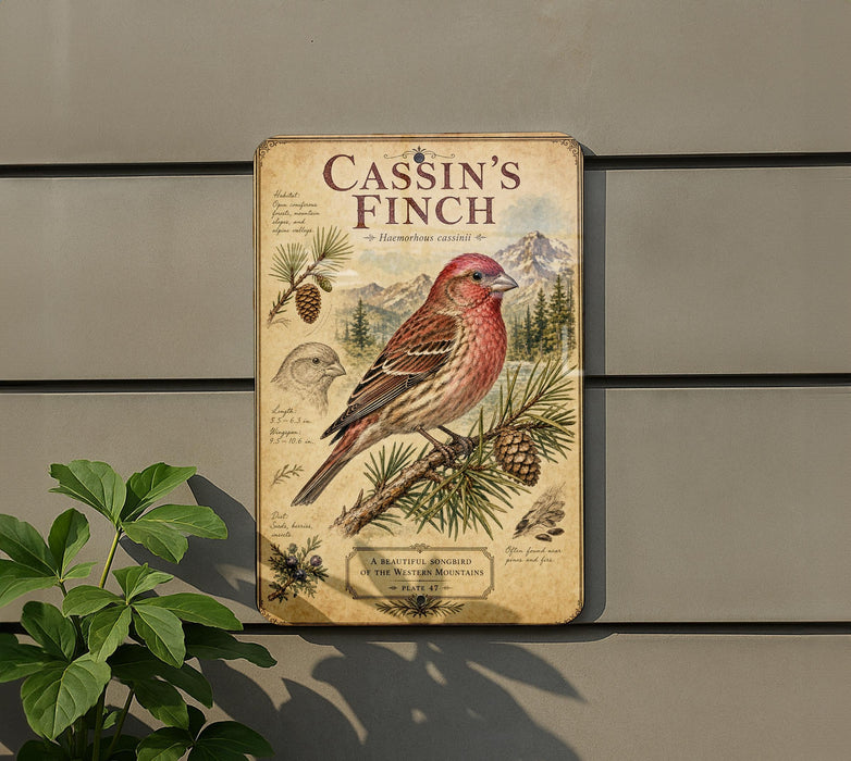 a sign with a detailed illustration of a red bird perched on a branch, surrounded by pine cones and other natural elements.
