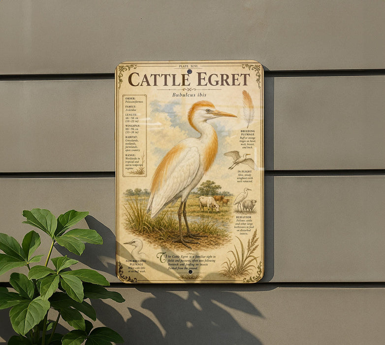 a metal sign with a detailed illustration of a Cattle Egret, a large wading bird, standing in a grassy field. The sign is mounted on a wall and is surrounded by greenery, including a plant.