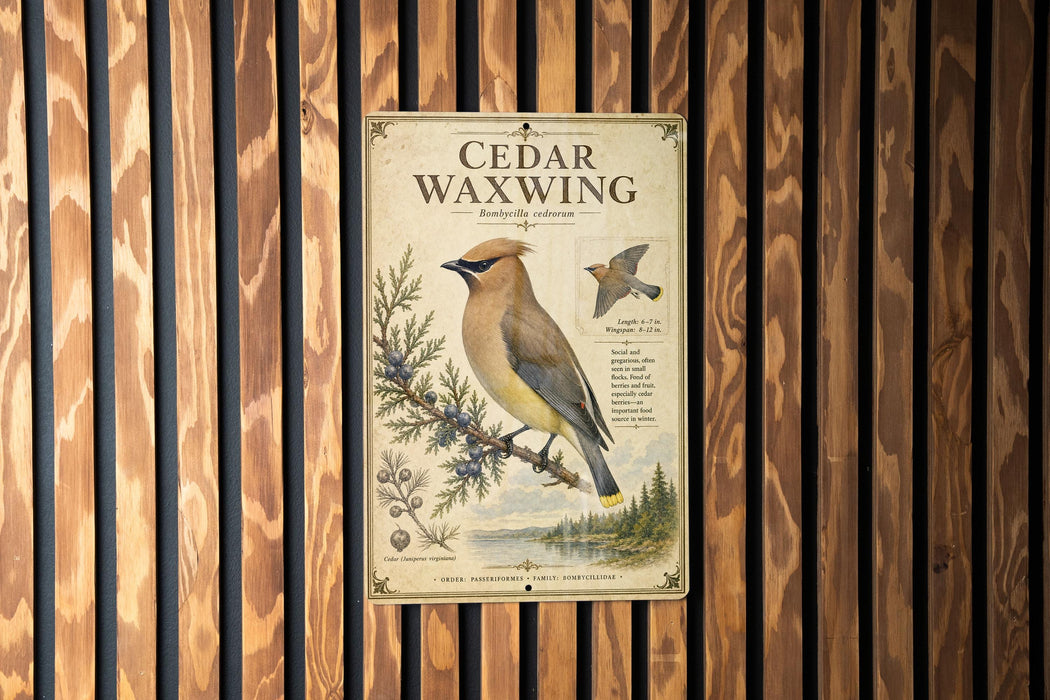 a poster of a bird, specifically a Cedar Waxwing, perched on a branch.