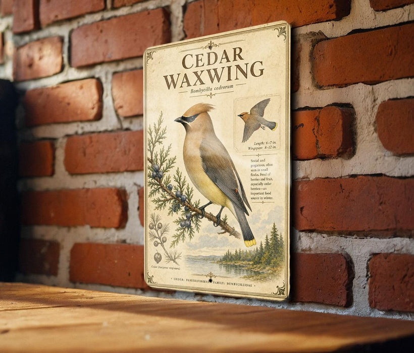 a vintage-style informational sign about the cedar waxwing, a bird species, mounted on a brick wall.