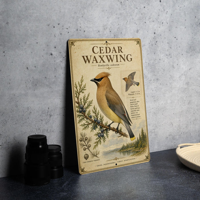 a vintage-style metal sign with a bird illustration, placed on a table next to some black camera lenses.