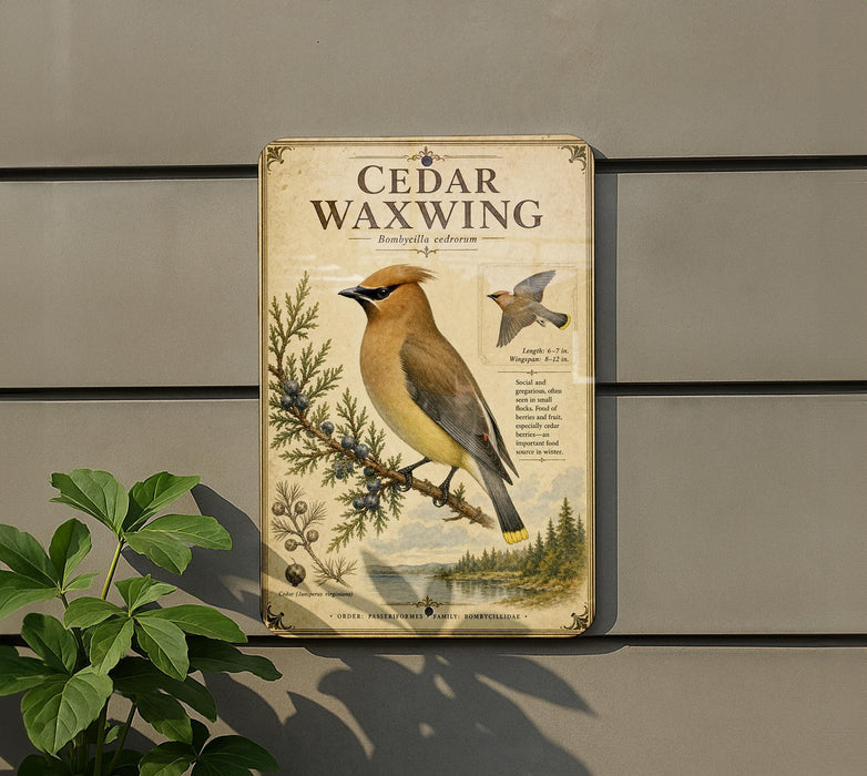 a vintage-style metal sign with a bird illustration, mounted on a wall next to a plant.