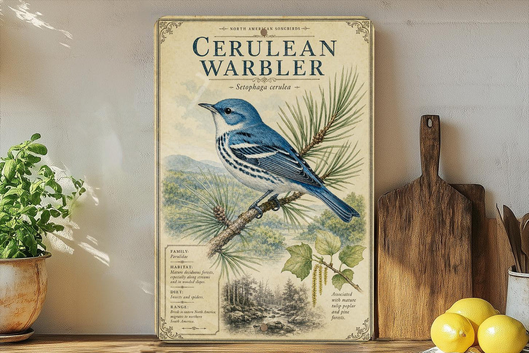 a vintage-style poster of a blue bird perched on a pine branch, surrounded by pine cones and leaves, placed on a shelf next to a wooden cutting board and a potted plant.