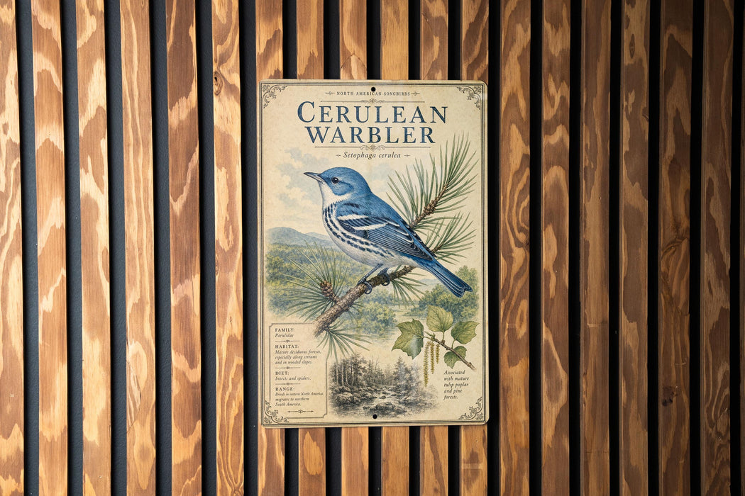 a poster of a blue bird perched on a branch, with a detailed illustration of the bird and its natural surroundings.