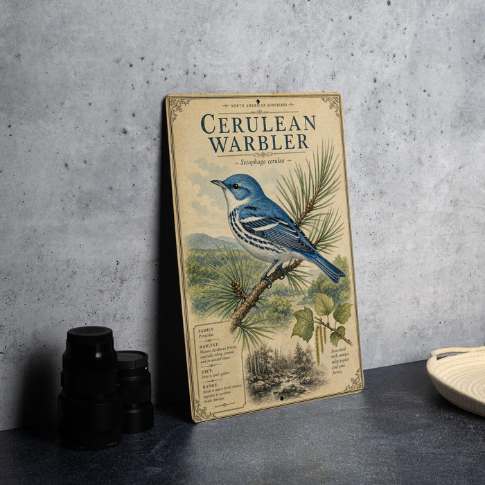 a vintage-style metal sign with a blue and white illustration of a Cerulean Warbler perched on a pine branch, accompanied by text and a small illustration of a pine tree.