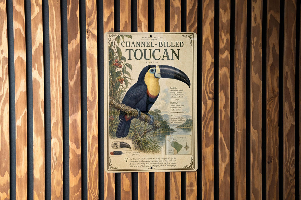 A vintage-style metal sign with a colorful illustration of a toucan perched on a branch, mounted on a wooden wall.
