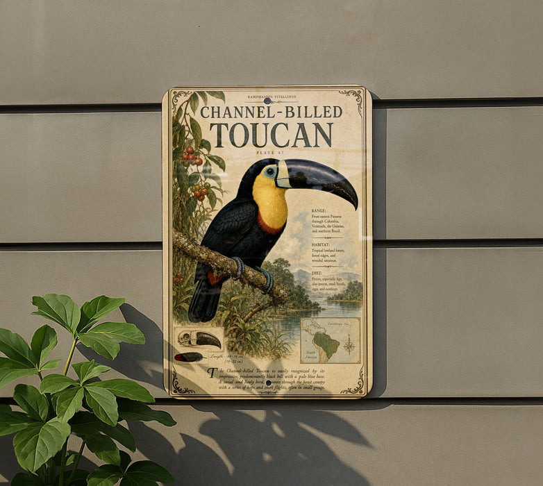 a vintage-style metal sign with a detailed illustration of a toucan perched on a branch, surrounded by lush foliage.