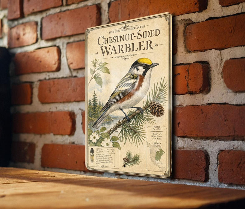 A vintage-style metal plaque depicting a chestnut-sided warbler bird, with detailed illustrations and text, mounted on a brick wall.