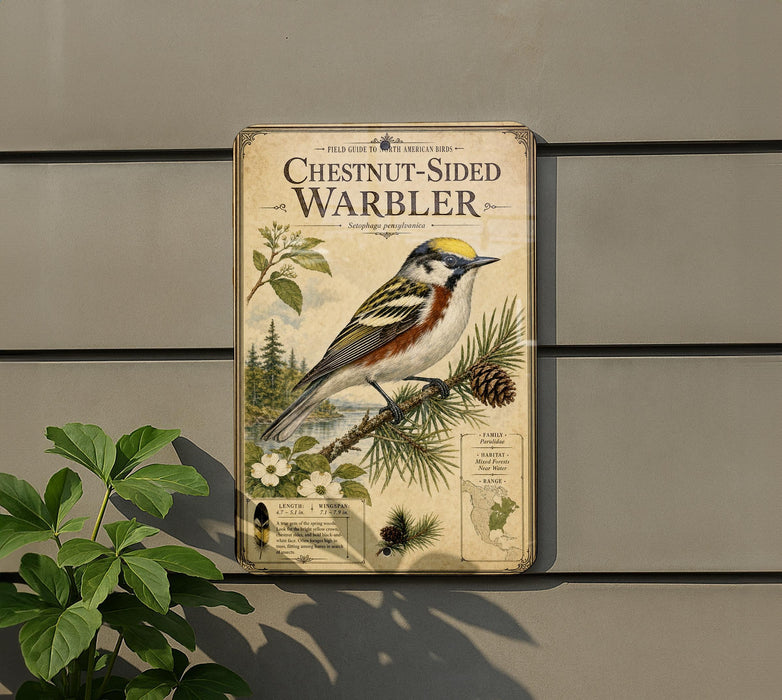 a vintage-style metal sign with a bird illustration, mounted on a wall next to a plant.