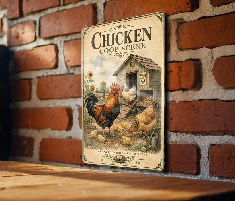 A vintage-style metal sign with a chicken coop illustration and text, mounted on a brick wall.