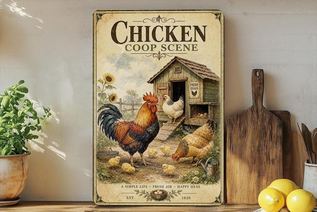 A vintage-style poster depicting a chicken coop scene with roosters, hens, and a barn, surrounded by a rustic farm setting.