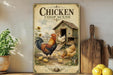 A vintage-style poster depicting a chicken coop scene with roosters, hens, and a barn, surrounded by a rustic farm setting.