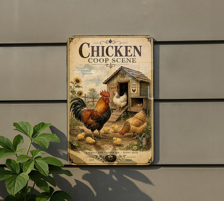 A vintage-style metal sign with a chicken coop and rooster on it, mounted on a wall.