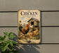 A vintage-style metal sign with a chicken coop and rooster on it, mounted on a wall.