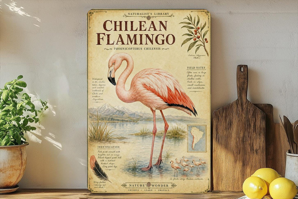 A vintage-style poster of a pink flamingo is displayed on a shelf, accompanied by a wooden paddle and a potted plant.