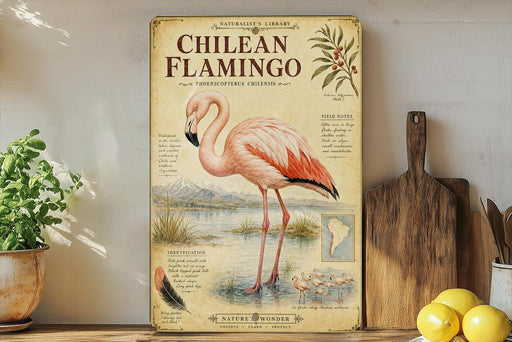 A vintage-style poster of a pink flamingo is displayed on a shelf, accompanied by a wooden paddle and a potted plant.