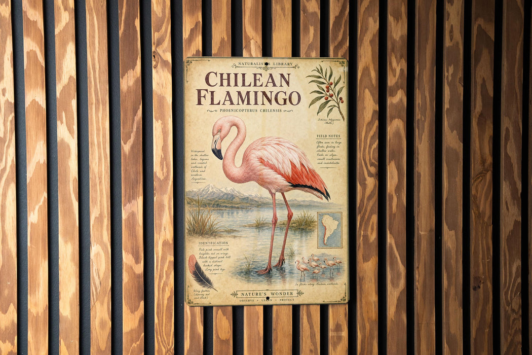 a poster of a pink flamingo standing in a body of water, surrounded by various texts and illustrations related to the bird.