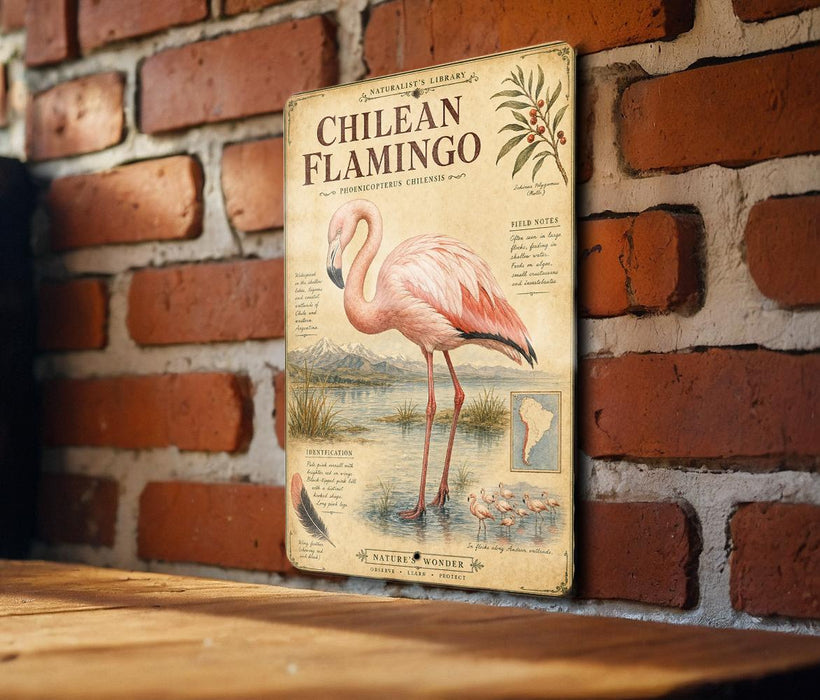 a vintage-style poster of a pink flamingo standing on a brick wall.
