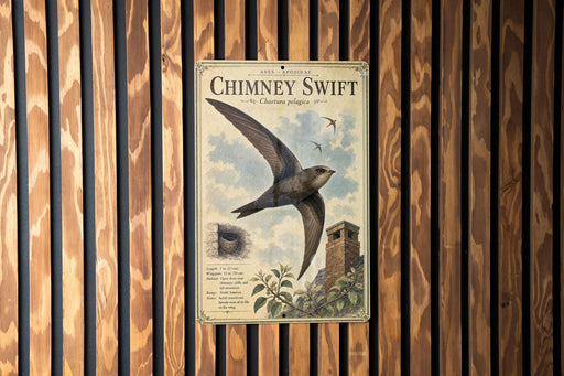 a vintage-style poster of a Chimney Swift, a bird known for its distinctive flight pattern and chimney-flying behavior.